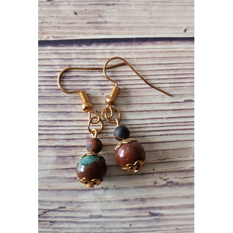 Boucles d'oreilles agate marron et golden swan